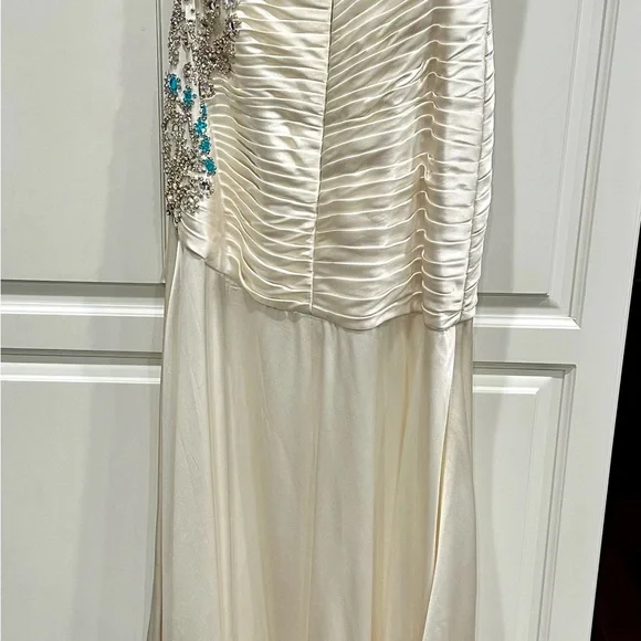 Sherri Hill Elegant White Pageant Gown w/ Large Blue & Clear Rhinestones - Picture 8 of 17